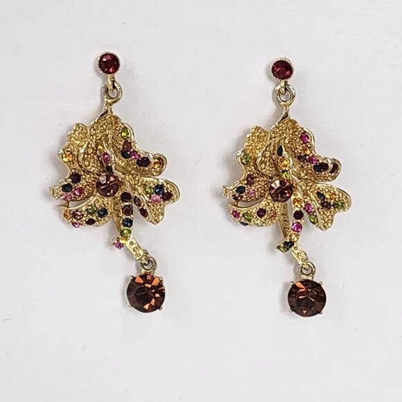 VTG Gold-Tone Floral Dangle Drop Earrings Multicolor Rhinestones Fall Fashion - Picture 3 of 10
